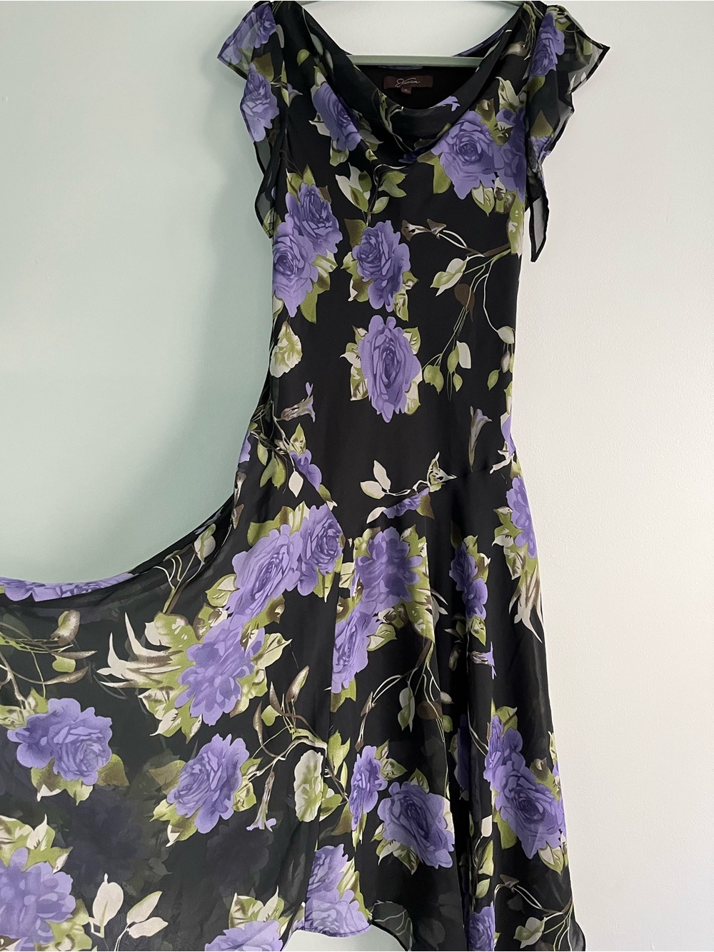 90s Y2K Jessica Black & Purple Floral Whimsical Flowy Fairy Midi Cowl Neck Dress - Picture 2 of 16